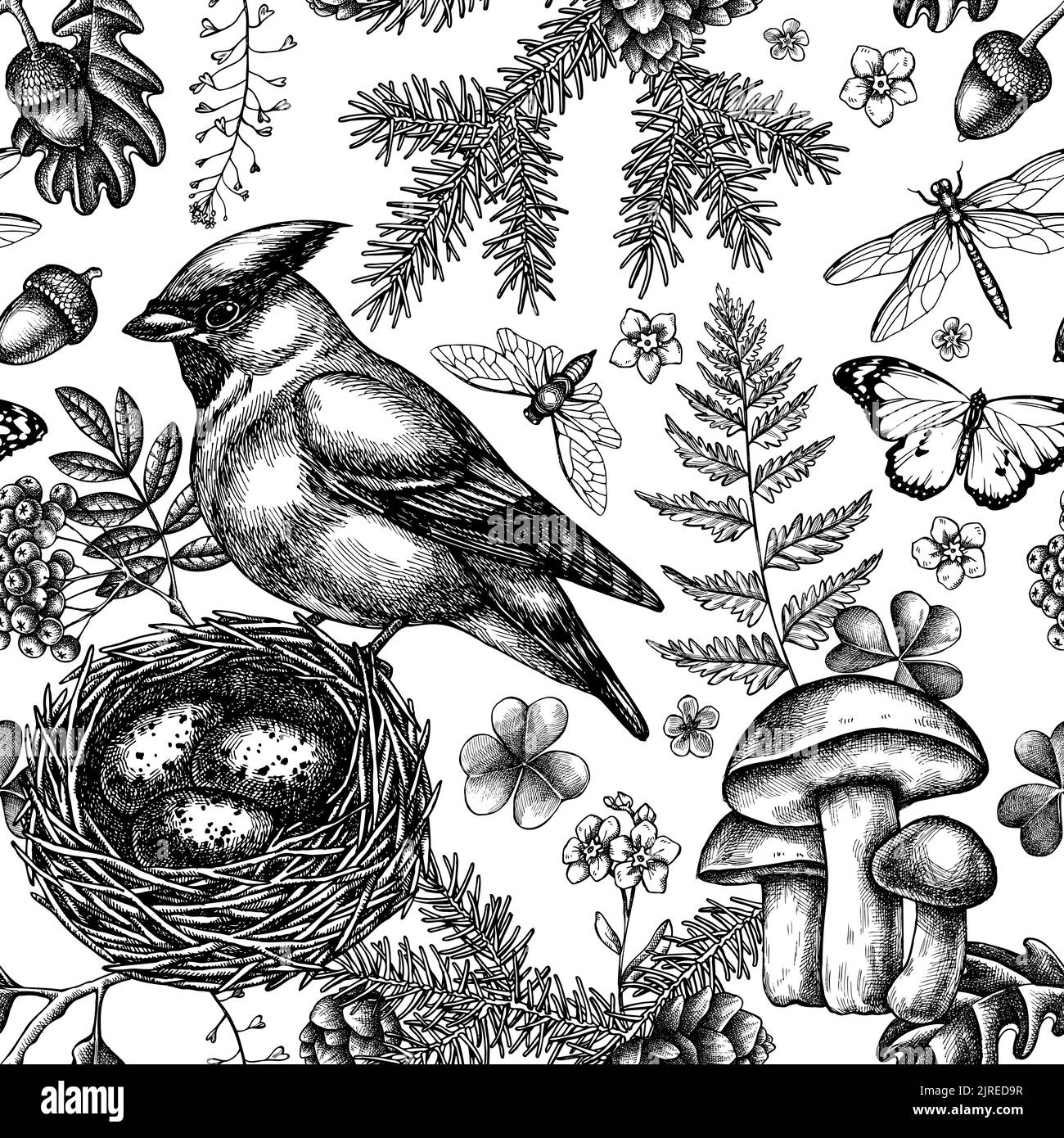 Geheimnisvolle Wald nahtlose Muster Hintergrund-Design. Gravierte Ausführung. Handgezogener Wachskegel, Nest, Fichtenzweig, Kiefernzapfen, Insekt, espenpilz, Eiche Stock Vektor