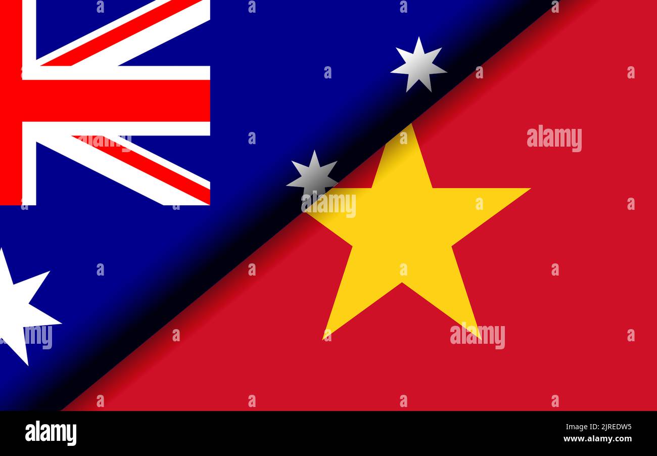 Die Flaggen Australiens und Vietnams teilten sich diagonal. 3D Rendern Stockfoto