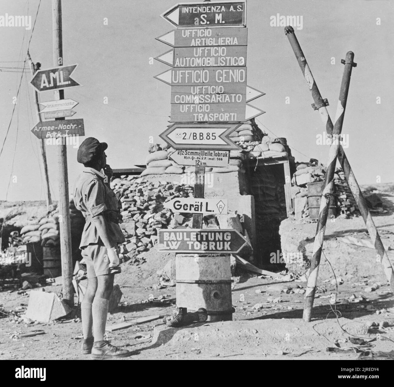 Ein Vintage-Foto um 1941, das einen britischen Soldaten zeigt, der nach der Belagerung von Tobruk, Libyen, Nordafrika während des Zweiten Weltkriegs, deutsche und italienische Militärschilder vor einem Sandsäckebunker ansieht Stockfoto