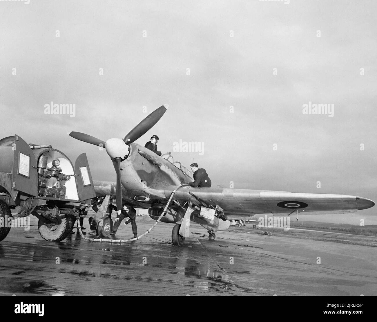 Die Bodenbesatzung tankt einen Hawker-Orkan Mk IID der No. 1 Specialized Low Attack Instructors School in Milfield, Northumberland, vor einem Trainingseinsatz am 21. Januar 1943. Stockfoto