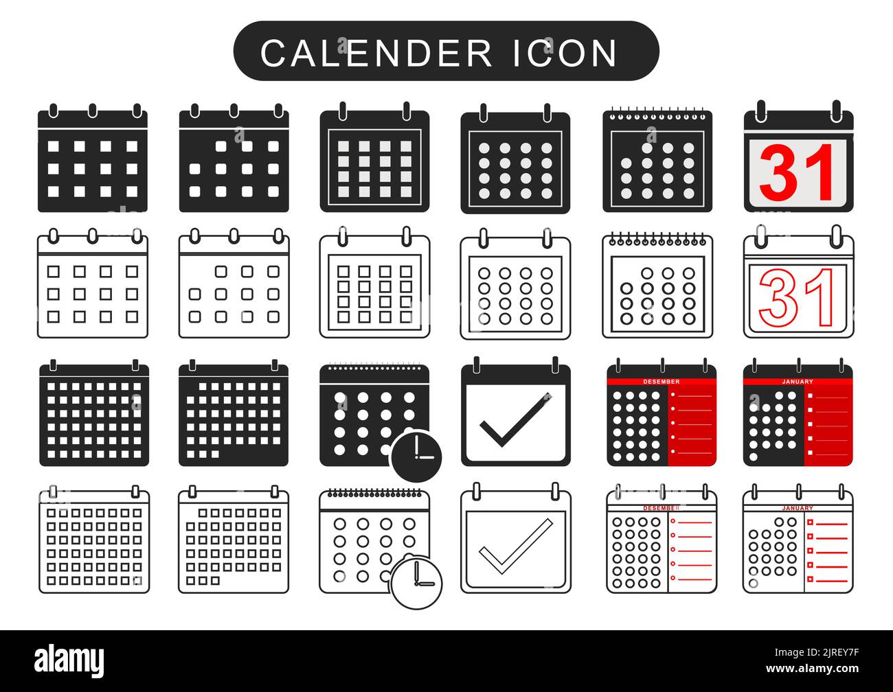 Kalendersymbol-Kollektion. Markieren Sie die Agenda-App, die Uhrzeit, die Uhr, den Termin, das Datumsseiten-Symbol und markieren Sie „Fertig“, „Ja“, „Erfolg“, „Prüfen“, „genehmigt“, Bestätigen. Stock Vektor