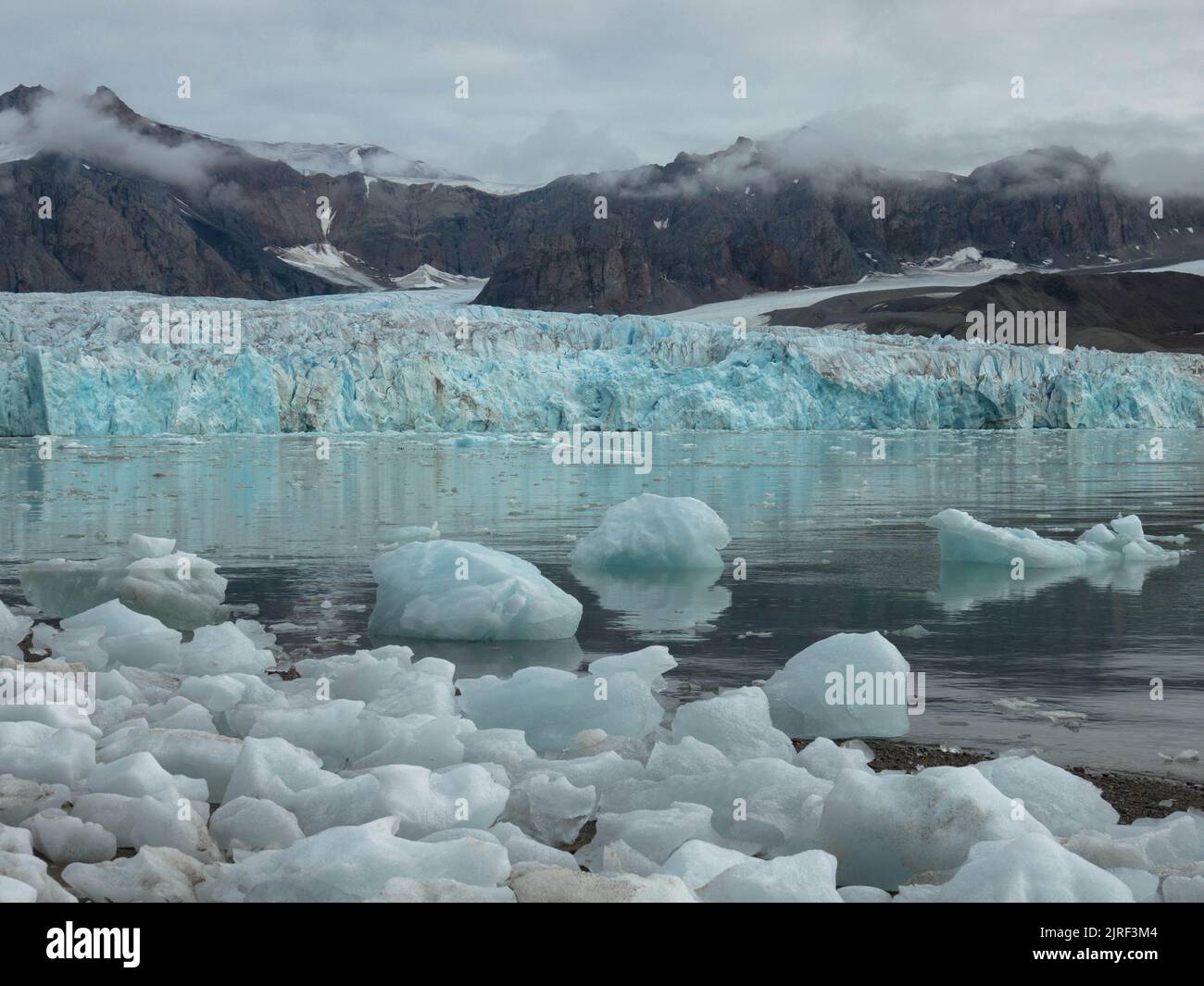 Panoramablick auf den 14.. Juli-Gletscher oder den Fjortende Julibreen. Ist ein schöner Gletscher, der im Nordwesten Spitzbergens gefunden wurde. Schwimmendes Packeis Stockfoto