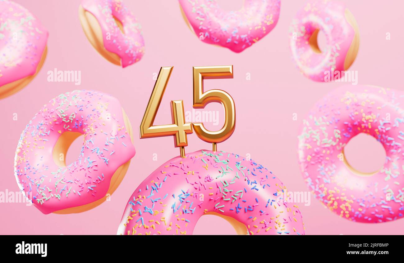 Happy 45. Geburtstagsfeier Hintergrund mit rosa mattierten Donuts. 3D Rendering Stockfoto