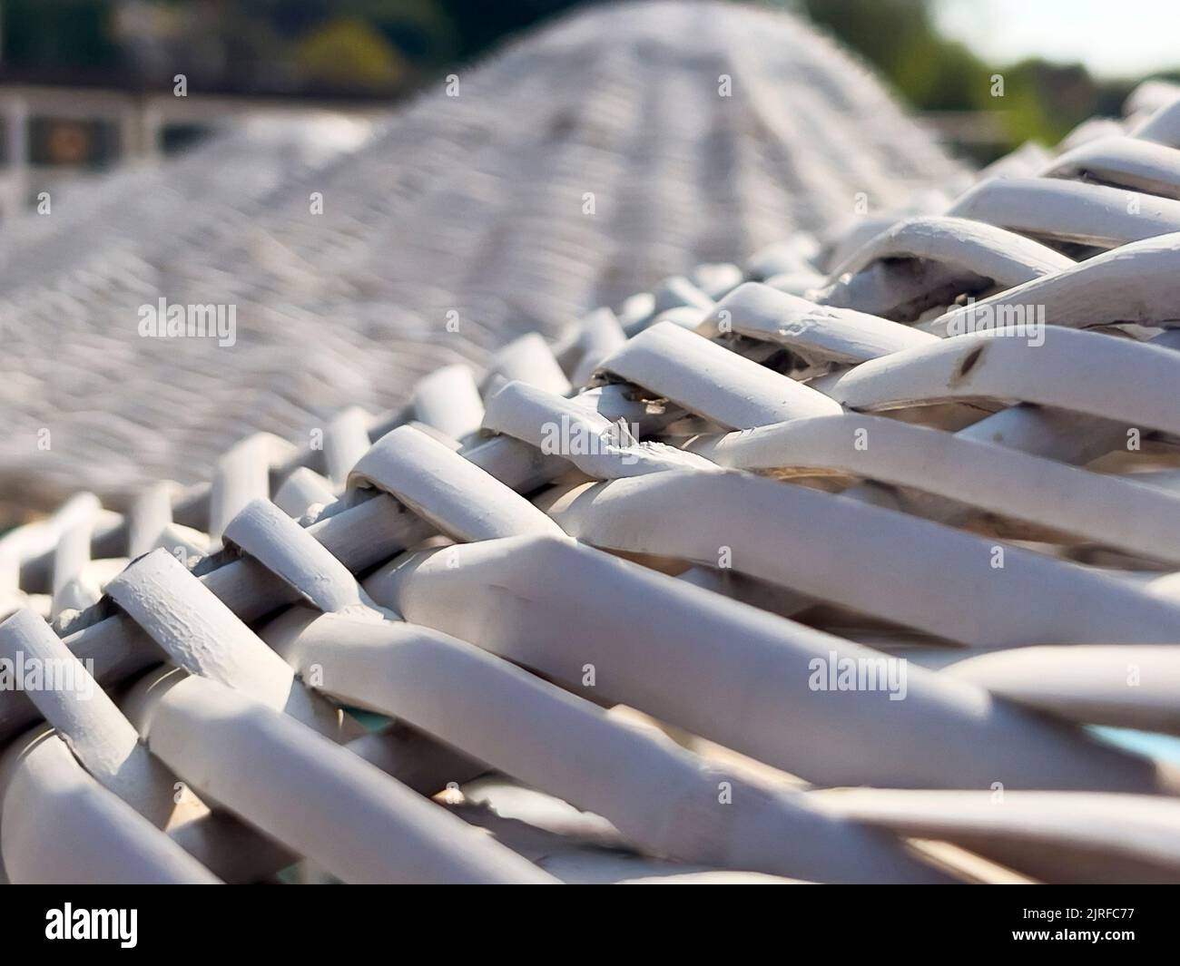 Gruppe von weiß getünchten Bambusschirm in einer Reihe. Nahaufnahme der natürlichen Textur. Blank verwittertes Holzmaterial. Sonnenschutzschirm. Sommerhintergrund Stockfoto