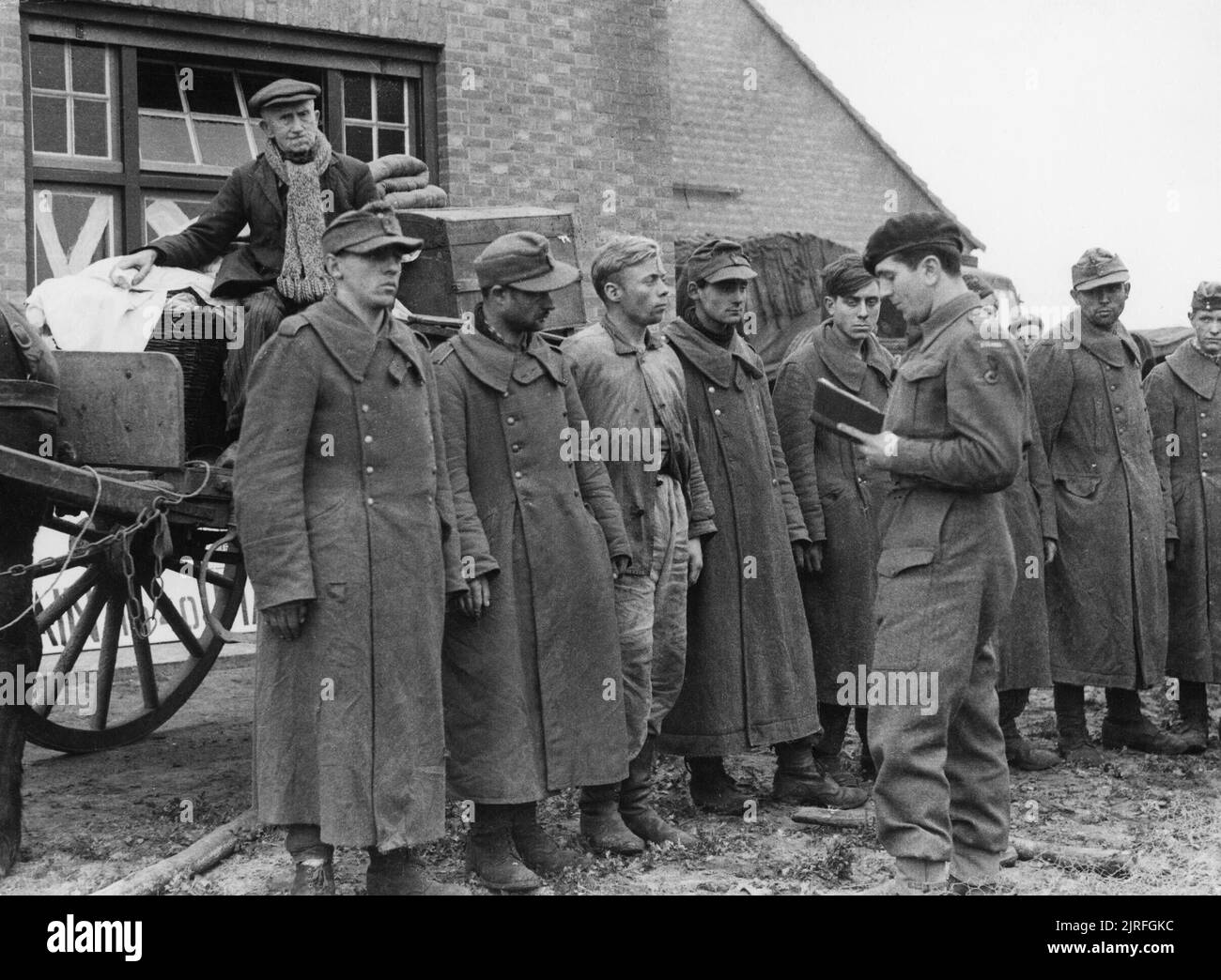 Die polnische Armee in der nord-westlichen Europa Kampagne, 1944-1945 niederländische Bauer mit seinem Haushalt Waren auf dem Bauernhof Wagen auf einer Linie der deutschen Kriegsgefangenen durch einen Leutnant der 1. polnischen Panzerdivision in verhört. Die Aufnahme wurde nach der polnischen Truppen gefangen genommen die niederländischen Städte von Alphen und Gilza am 27. Oktober 1944 nach der Schlacht von Tilburg und bewegten sich auf nach Breda. Stockfoto