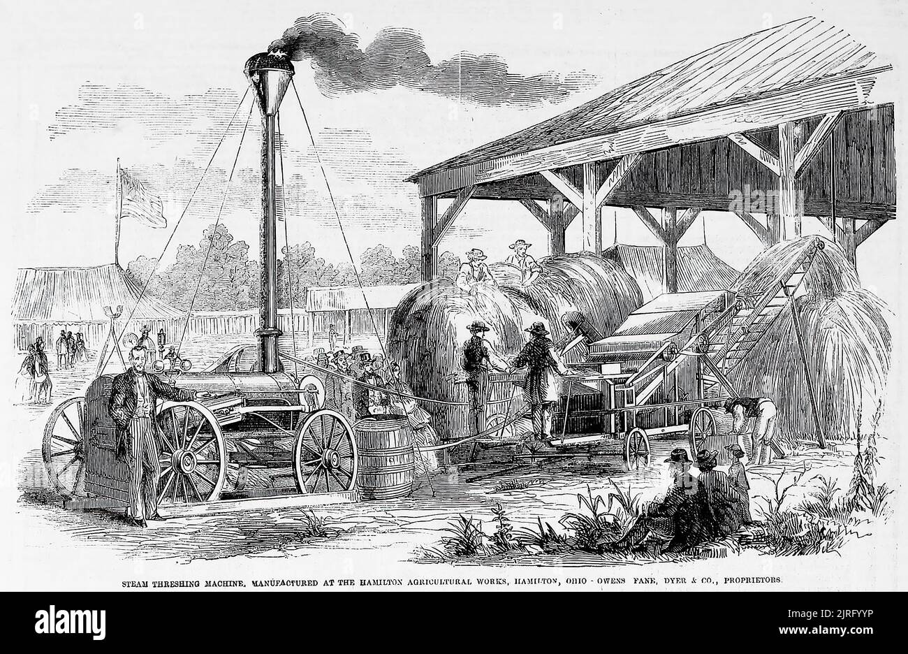 Dampfdreschmaschine, hergestellt in den Hamilton Agricultural Works, Hamilton, Ohio - Owens, Fane, Dyer und Co., Eigentümer (1860). 19.. Jahrhundert Illustration aus Frank Leslie's Illustrated Newspaper Stockfoto