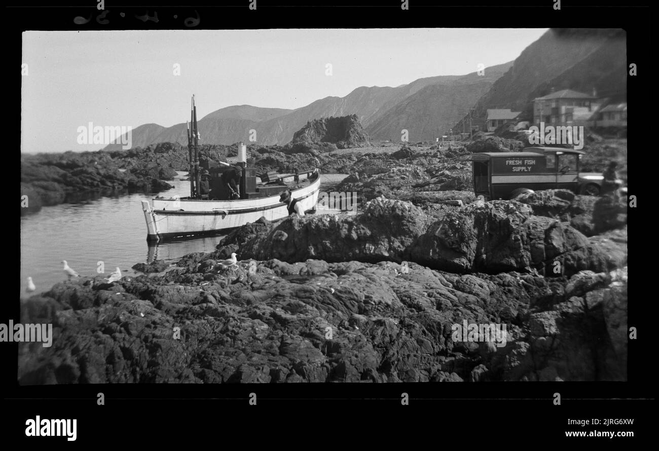 Entladen von Fischen vom Start zum Lastwagen auf den Siren's Rocks, nahe der Island Bay, 06. April 1936, von Leslie Adkin. Schenkung des Gutsbesitzes der Familie G. L. Adkin, 1964. Stockfoto