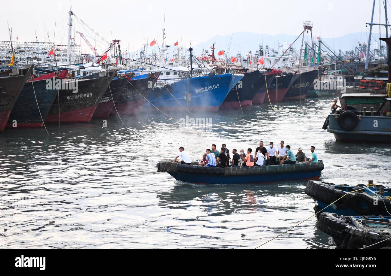 Yangjiang, Chinas Provinz Guangdong. 24. August 2022. Hafenarbeiter kehren in der Stadt Yangjiang, südchinesische Provinz Guangdong, zum Schutz in einen Hafen zurück, 24. August 2022. Laut dem Ministerium für Bodenschätze hat China am Mittwoch eine Notfallreaktion der Stufe IV auf mögliche geologische Katastrophen ausgelöst, die durch den Taifun Ma-On ausgelöst wurden. Der Taifun Ma-on, der neunte Taifun des Jahres, wird am Donnerstag voraussichtlich tagsüber an der Küste der Provinz Guangdong landen, was sintflutartige Regenfälle in den südlichen Teilen des Landes nach sich ziehen wird. Quelle: Deng Hua/Xinhua/Alamy Live News Stockfoto