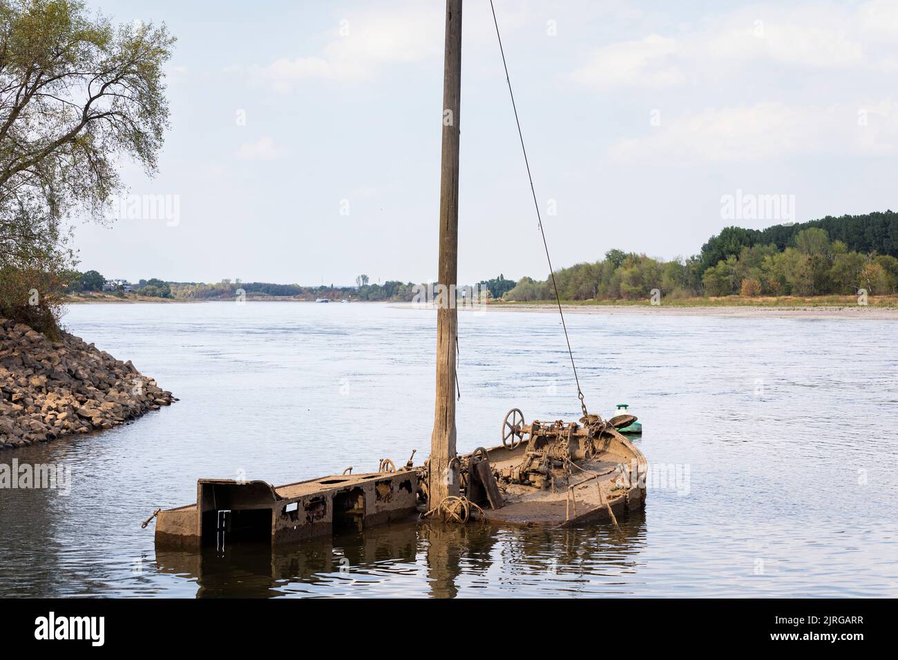 Versunkenes Schiff, das auf Grund des niedrigen Wasserstials am Rhein in Deutschland bei Neuss über Wasser auftaucht Stockfoto