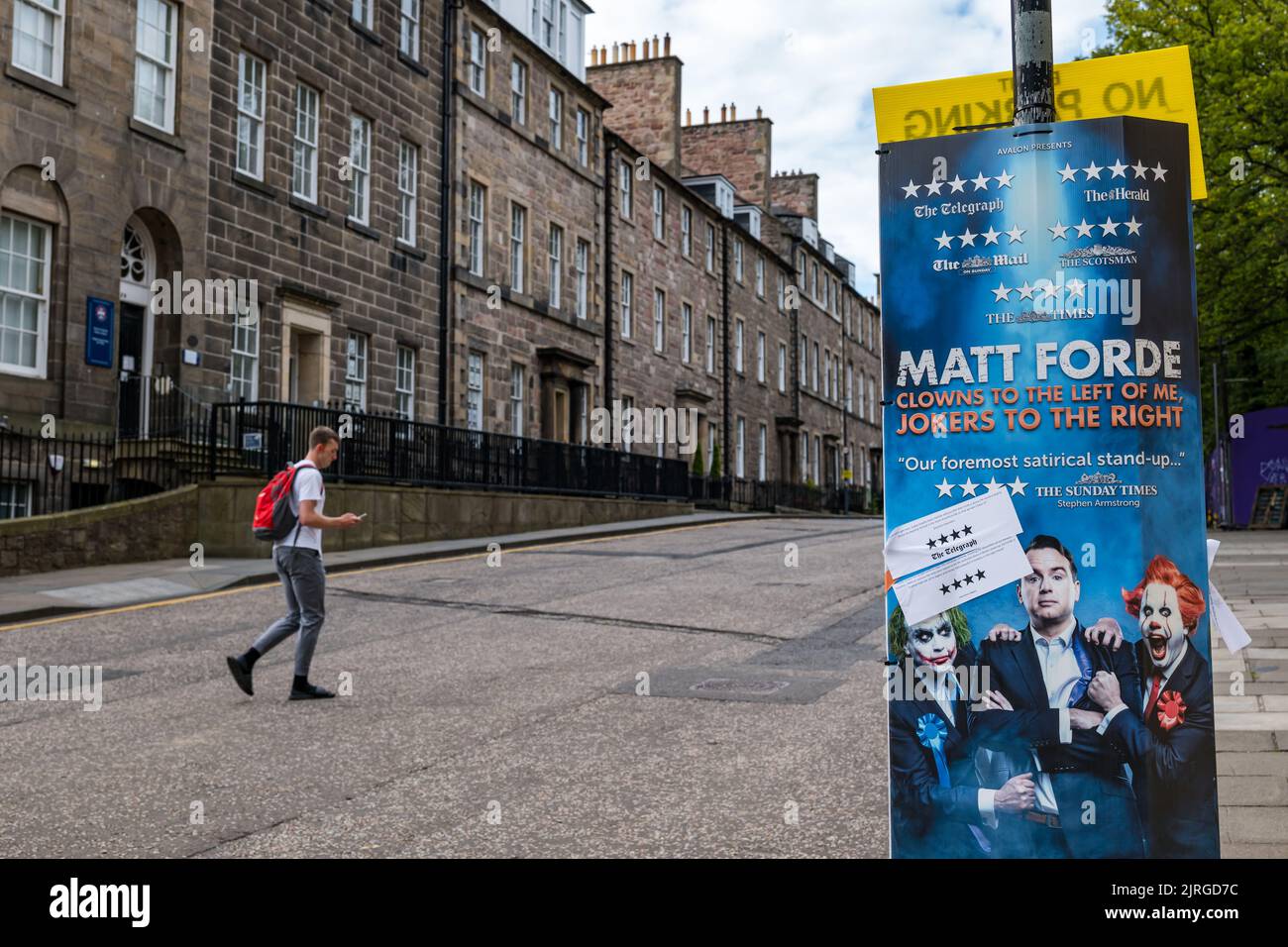 Edinburgh, Schottland, Großbritannien, 24.. August 2022. Edinburgh Festival Fringe: Szenen aus dem Festival in seiner letzten Woche. Im Bild: Ein Poster für Matt Fordes Show am George Square während des Edinburgh Festival Fringe in einer ungewöhnlich ruhigen Straße. Kredit: Sally Anderson/Alamy Live Nachrichten Stockfoto