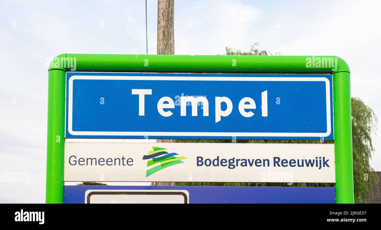 Ortsname Zeichen des kleinen Dorfes Tempel, Gemeinde (holländisch: gemeente) von Bodegraven-Reeuwijk in den Niederlanden. Stockfoto