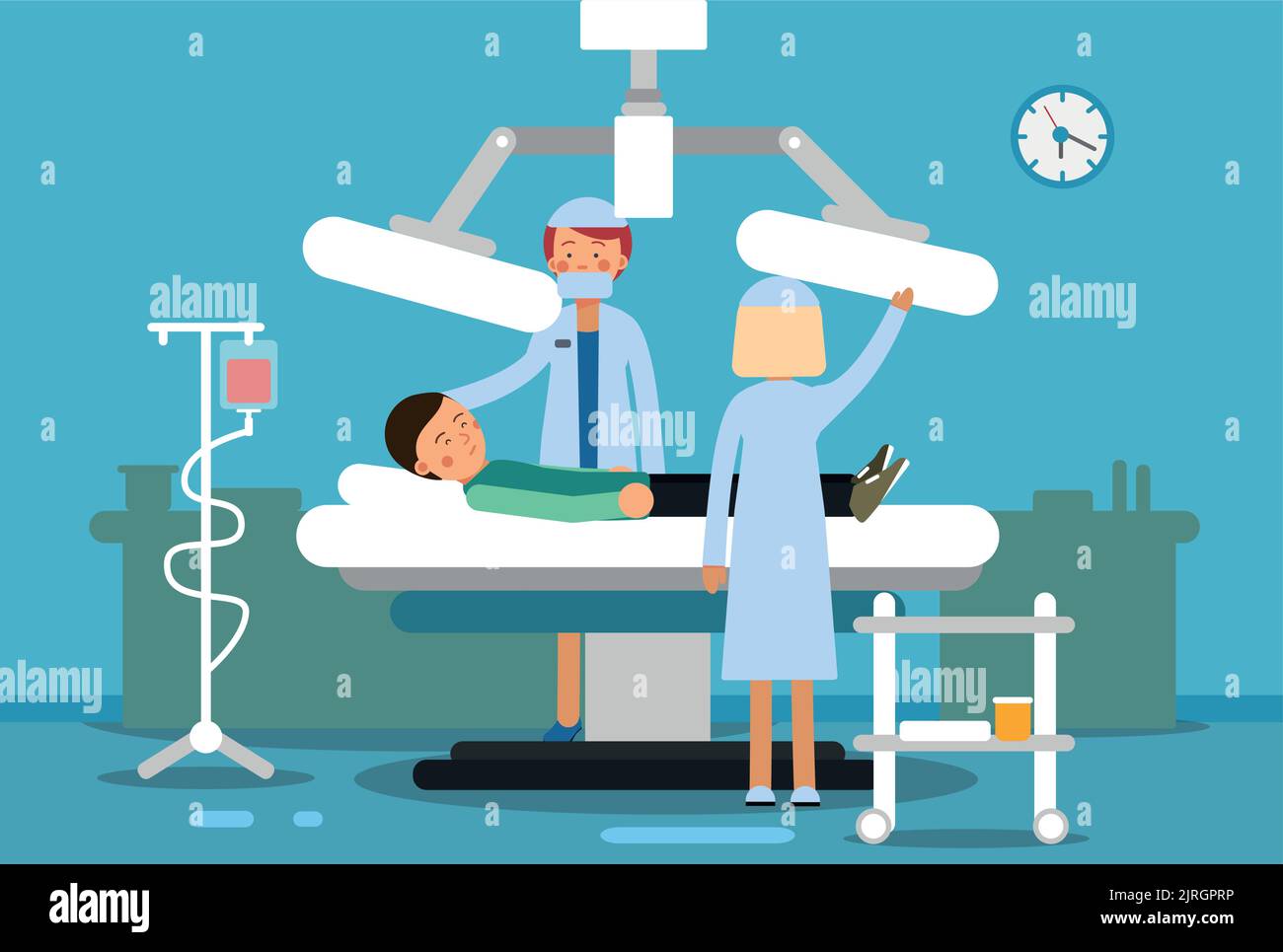 Chirurgische Operation im Innenraum des Krankenhauses. Medizinisches Personal hilft dem Patienten Stock Vektor
