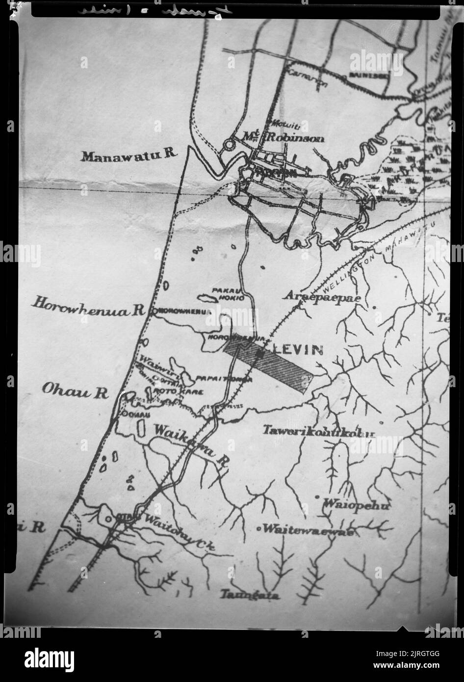Kopie der Karte des Flusses Ohau, um 1920, Horowhenua, von Leslie Adkin. Schenkung des Gutsbesitzes der Familie G. L. Adkin, 1964. Stockfoto