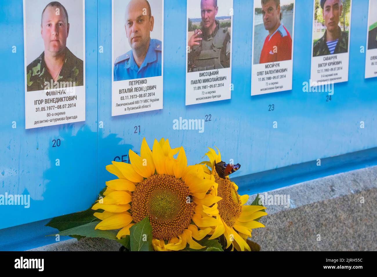 Am Unabhängigkeitstag der Ukraine nahmen Präsident Wolodymyr Zelenskyy und die First Lady Olena Zelenska an einer Zeremonie zum Gedenken an die Helden der Himmlischen Hundert Teil. Am Morgen traf das Präsidentenpaar am Gedenkkreuz am Ort des Todes der Teilnehmer der Revolution der würde auf der Allee der Helden der Himmlischen Hundert im Zentrum von Kiew ein. Wolodymyr Zelenskyy und Olena Zelenska stellten Ikonenlampen in die Nähe des Kreuzes und verneigten sich, um die Erinnerung an diejenigen zu ehren, die für die Freiheit gestorben sind. Stockfoto