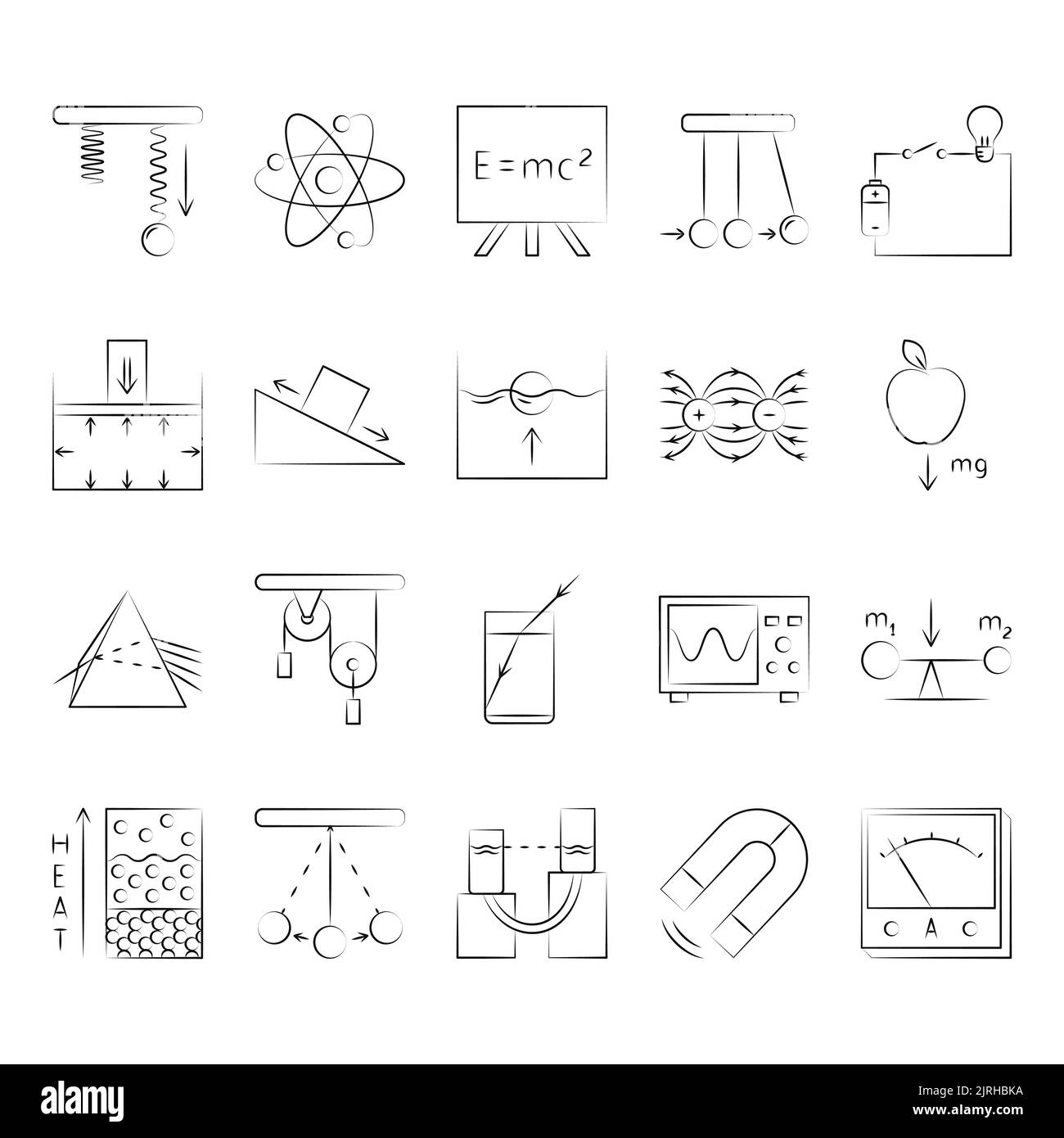 Physik Wissenschaft Symbol in Skizze Stil gesetzt. Physikalische Gesetze und Symbole. Vektorgrafik Stock Vektor