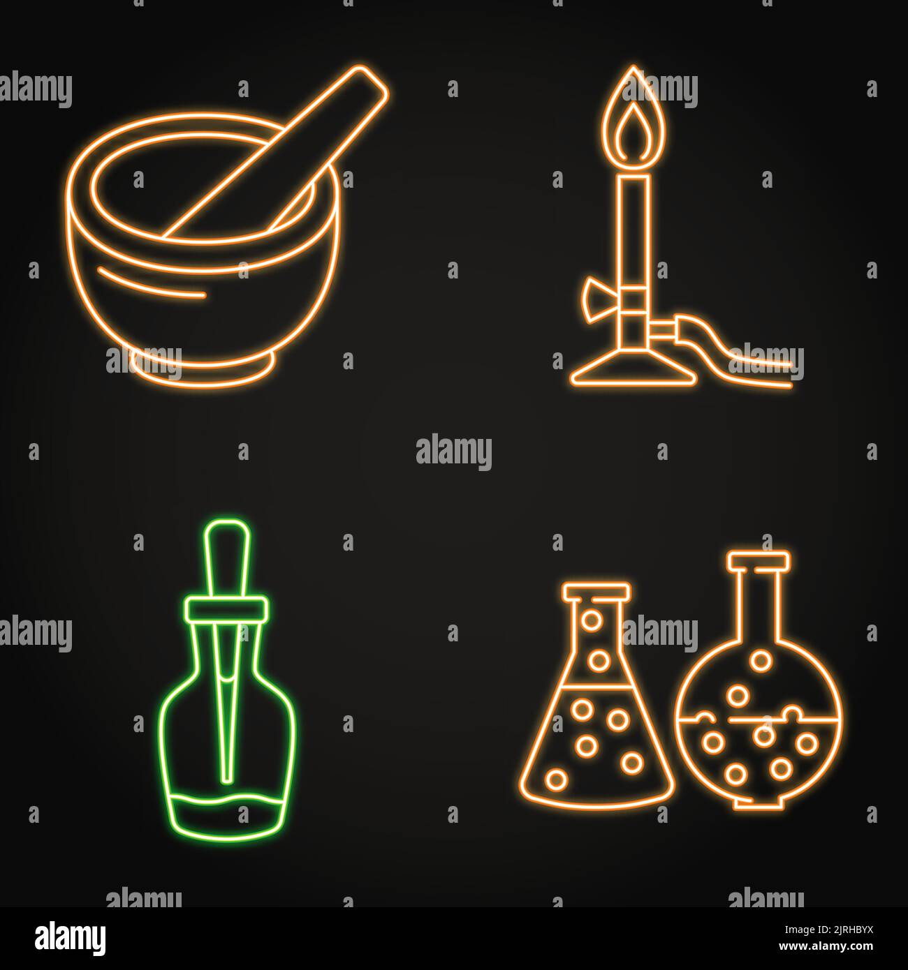 Neon Chemie Science-Ikone im Linienstil. Symbole für chemische Laborgeräte. Vektorgrafik. Stock Vektor