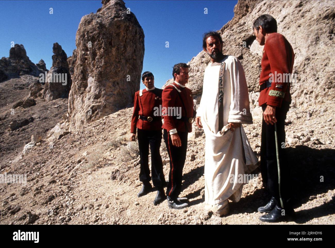 LEONARD NIMOY, William Shatner, LAURENCE LUCKINBILL, DEFOREST KELLEY, Star Trek V: The Final Frontier, 1989 Stockfoto