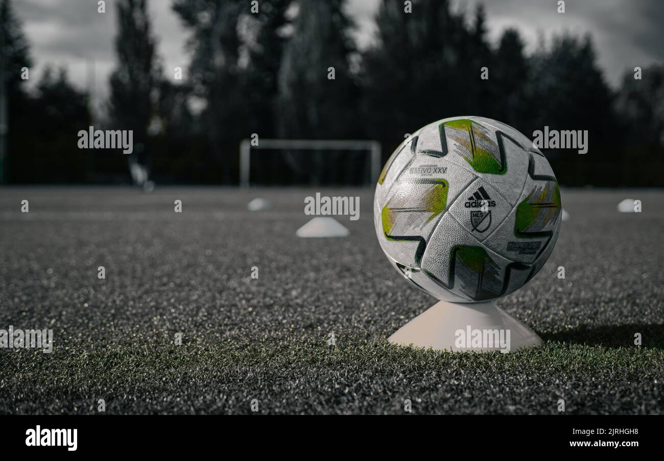 Eine Nahaufnahme eines Adidas Nativo MLS Fußballs in Graustufen auf dem Spielfeld Stockfoto
