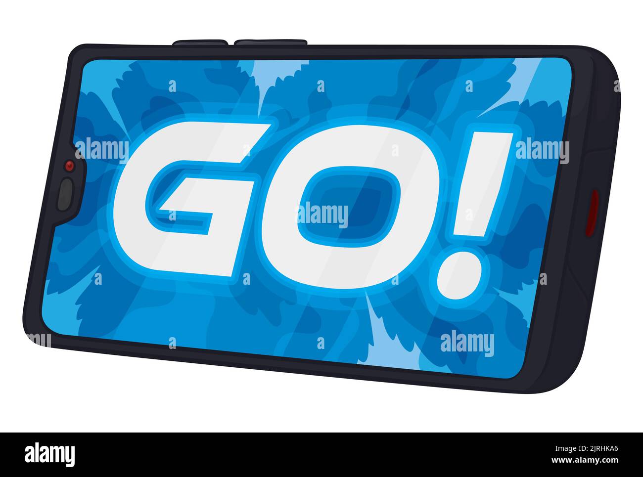 Smartphone mit dem Display an und „Go!“ Nachricht, die Sie zum Spielen von Videospielen einlädt. Stock Vektor