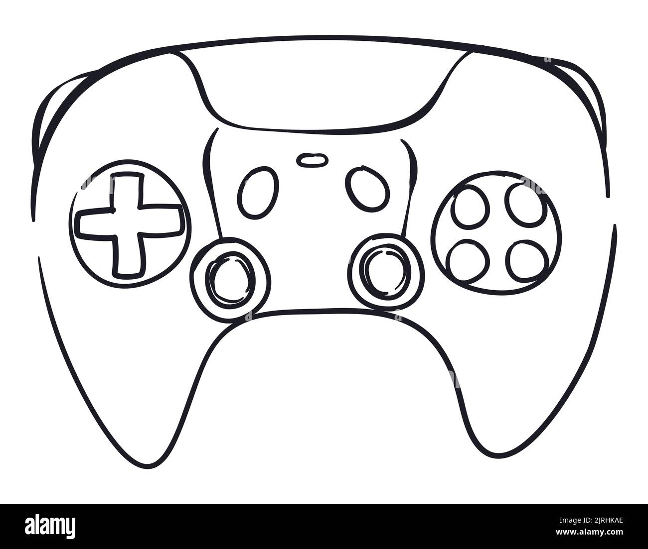 Zeichnung in Frontalansicht eines Videospiel-Controllers: D-Pad, Joysticks, Tasten und Touchpad-Taste. Stock Vektor