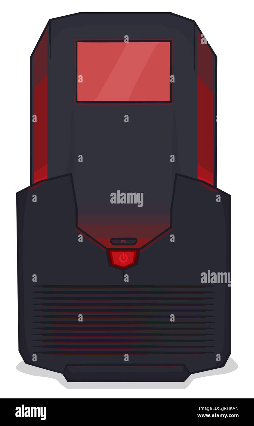 Gaming-Tower-Gehäuse mit roten Lichtern, digitalem Bildschirm, Start- und Reset-Taste. Design im Cartoon-Stil auf weißem Hintergrund. Stock Vektor