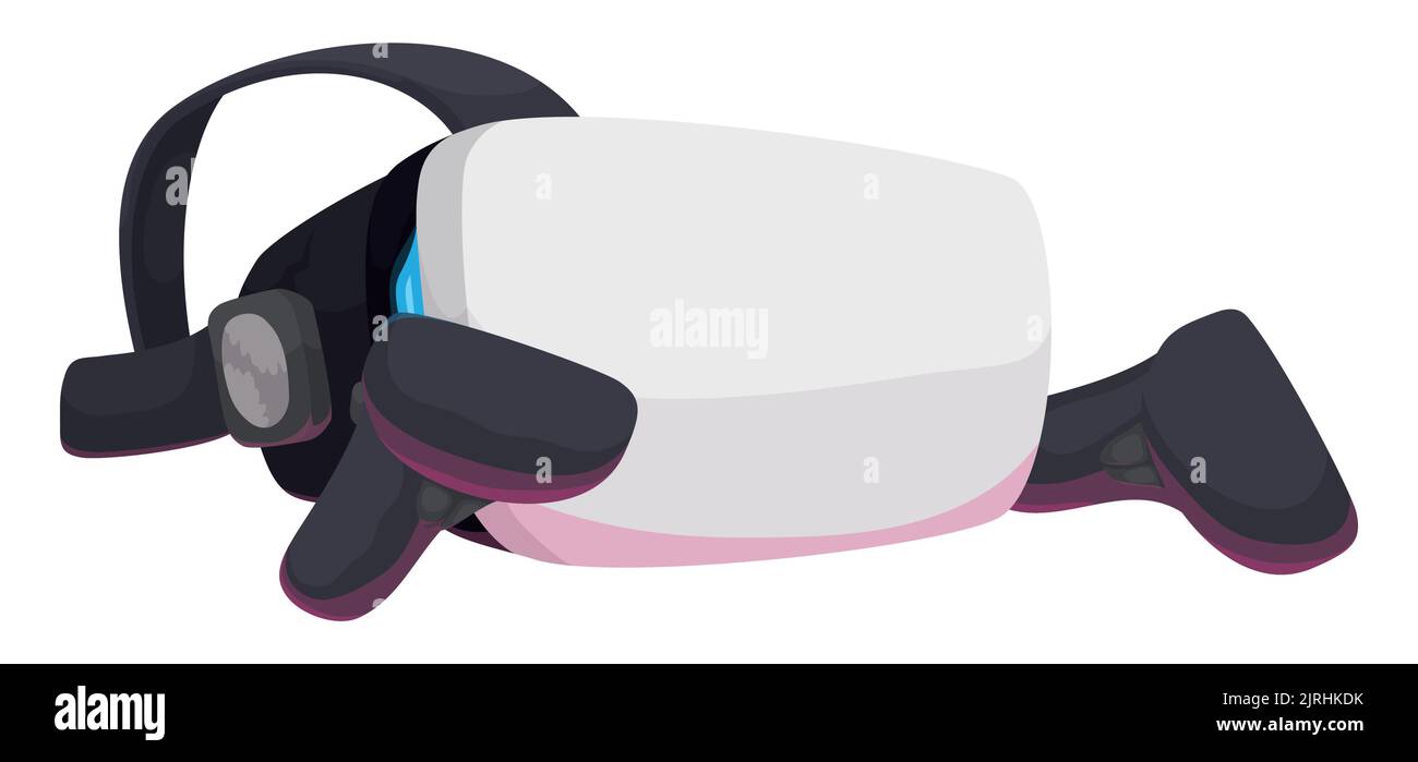Design im Cartoon-Stil der Virtual-Reality-Brille mit Controllern. Design im Cartoon-Stil auf weißem Hintergrund. Stock Vektor