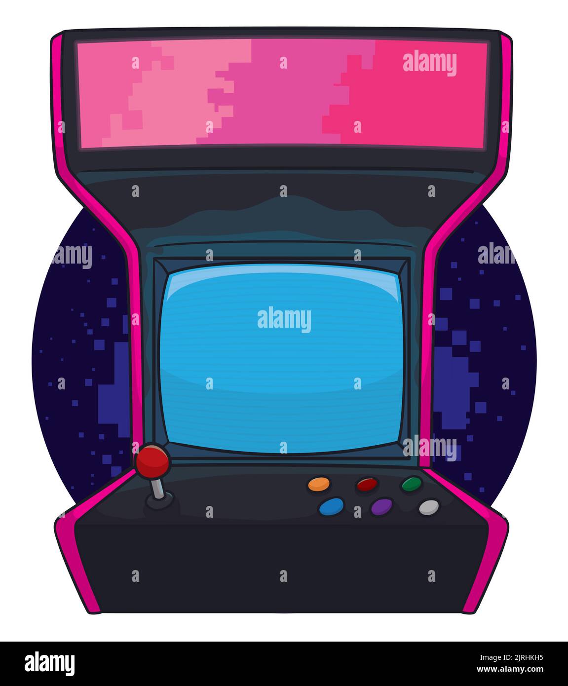 Design im Cartoon-Stil eines Vintage-Arcade-Videospiel, mit Joystick, Tasten und Bildschirm, auch das Gehäuse mit Pixeln gefärbt. Stock Vektor