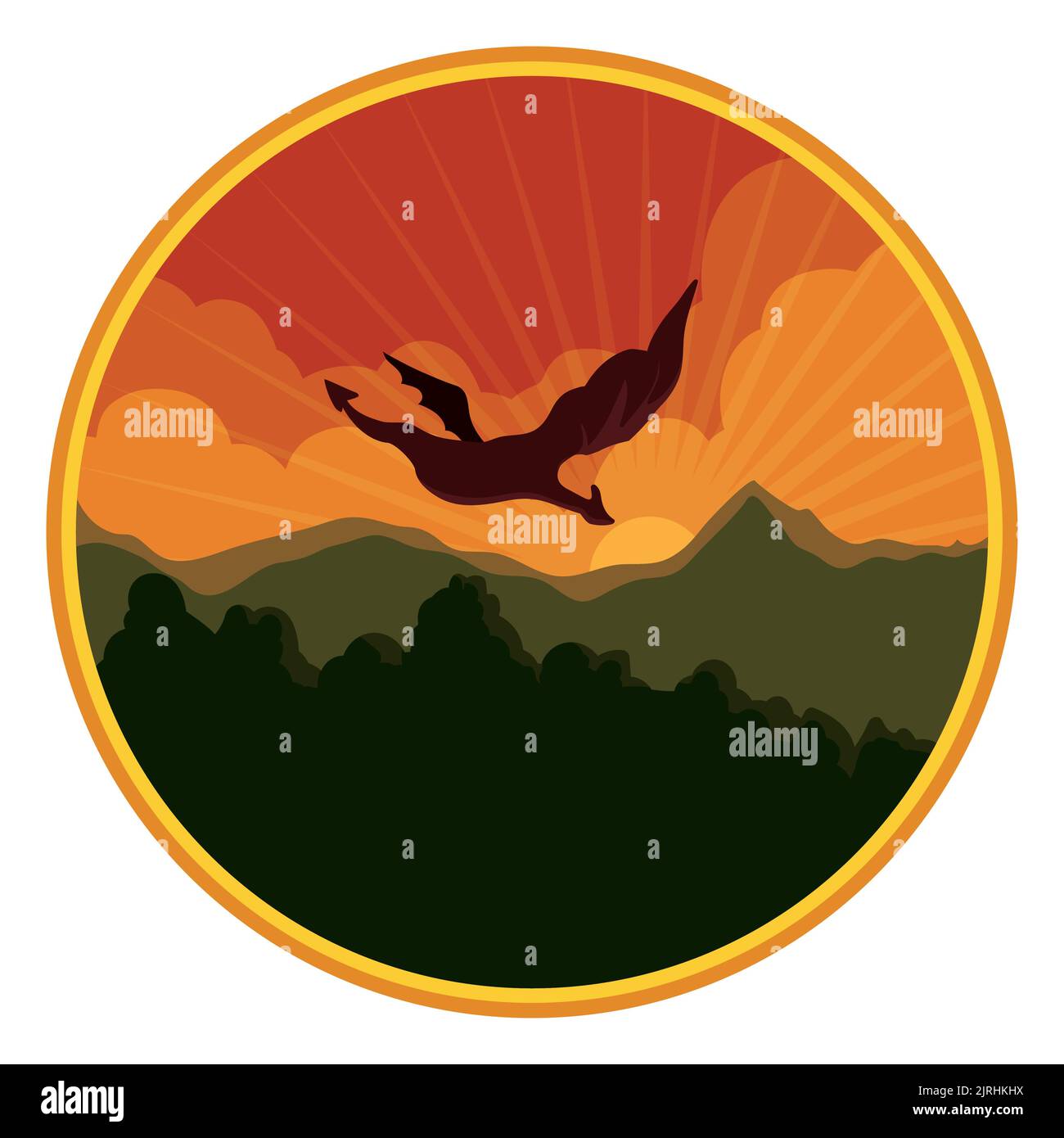 Runde Taste mit Videospiel-Szene: dragon Silhouette fliegen über einen Wald und Berg Blick. Stock Vektor