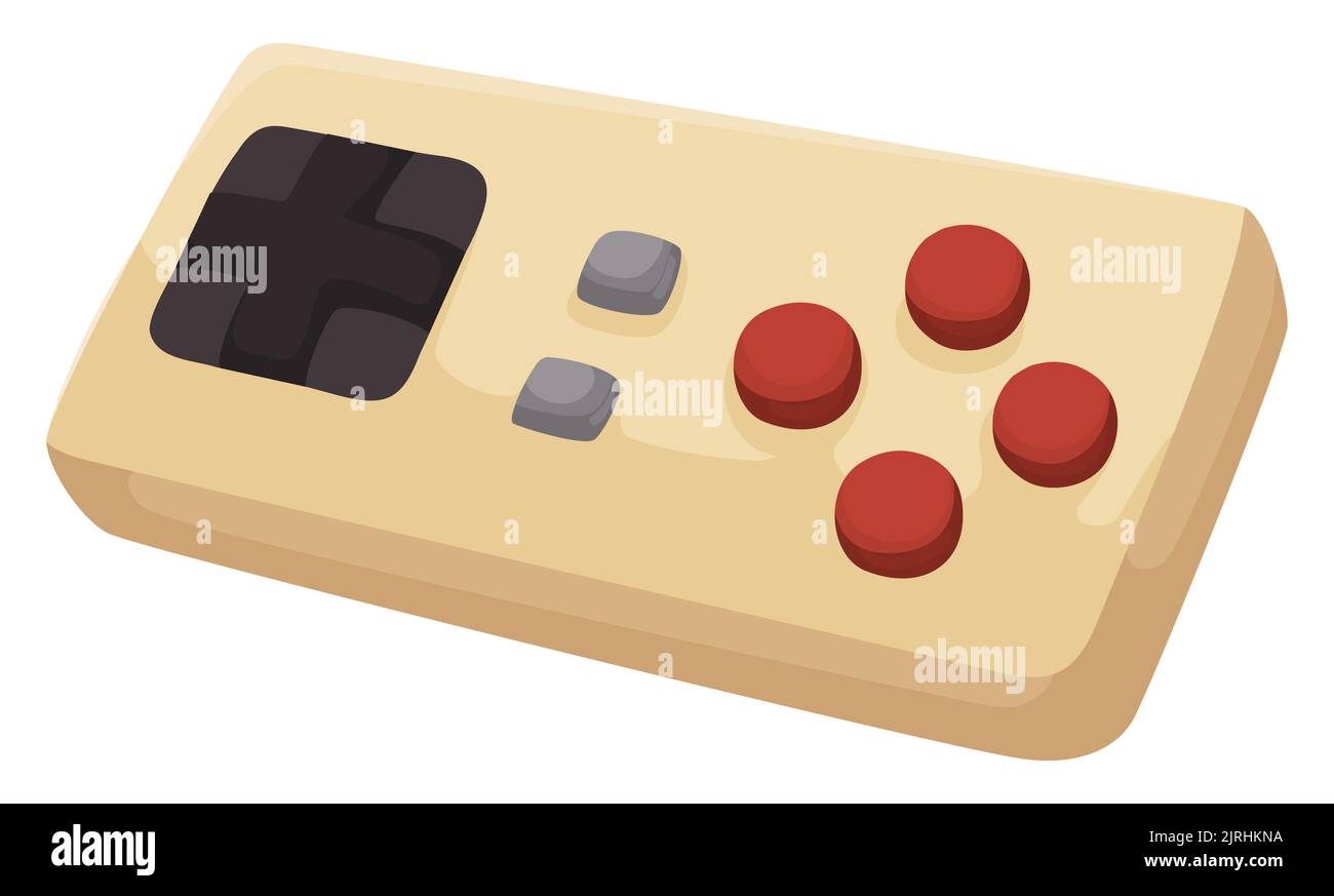 Klassischer und gelber Videospiel-Controller, mit Knöpfen und Dpad auf weißem Hintergrund. Stock Vektor