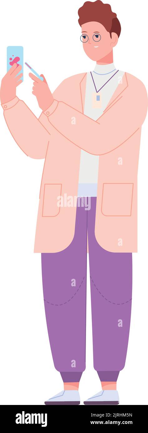 Bluttest. Labormitarbeiter mit chemischen Glasgeräten, die auf weißem Hintergrund isoliert sind Stock Vektor