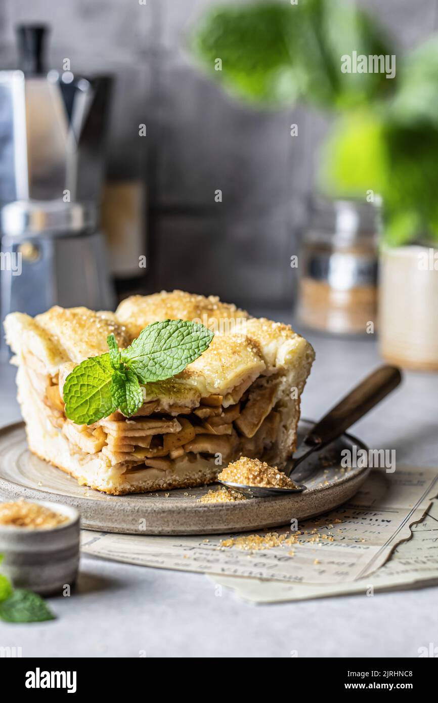 Stück traditionelle Apfelkuchen mit Minze verlassen mit grauen Fliesen im Rücken auf Keramikplatte, gemütliche rustikale Stillleben, Herbstbackkonzept Stockfoto