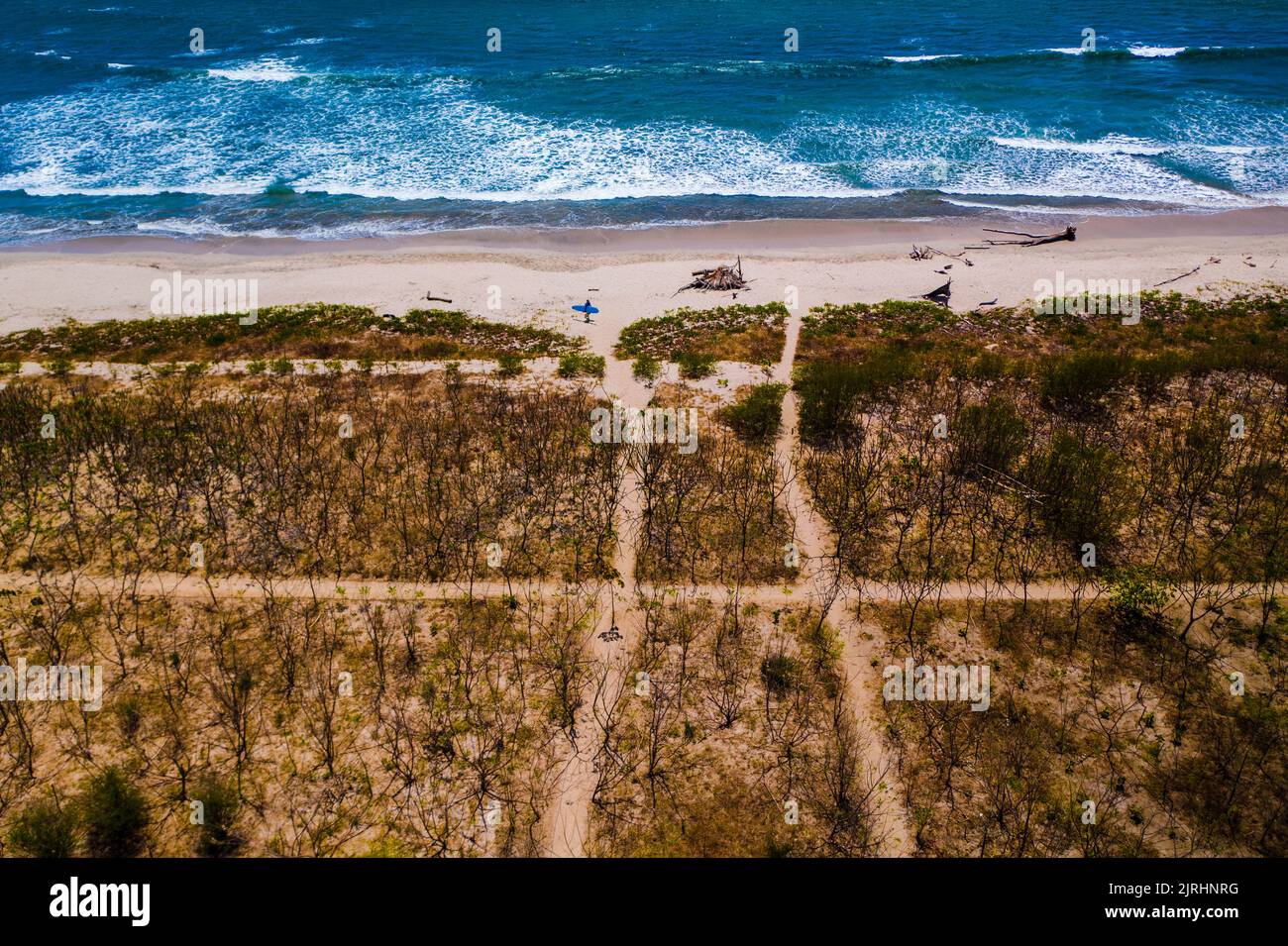 Luftaufnahme von Strand und Surfers in Guanacaste, Costa Rica Stockfoto