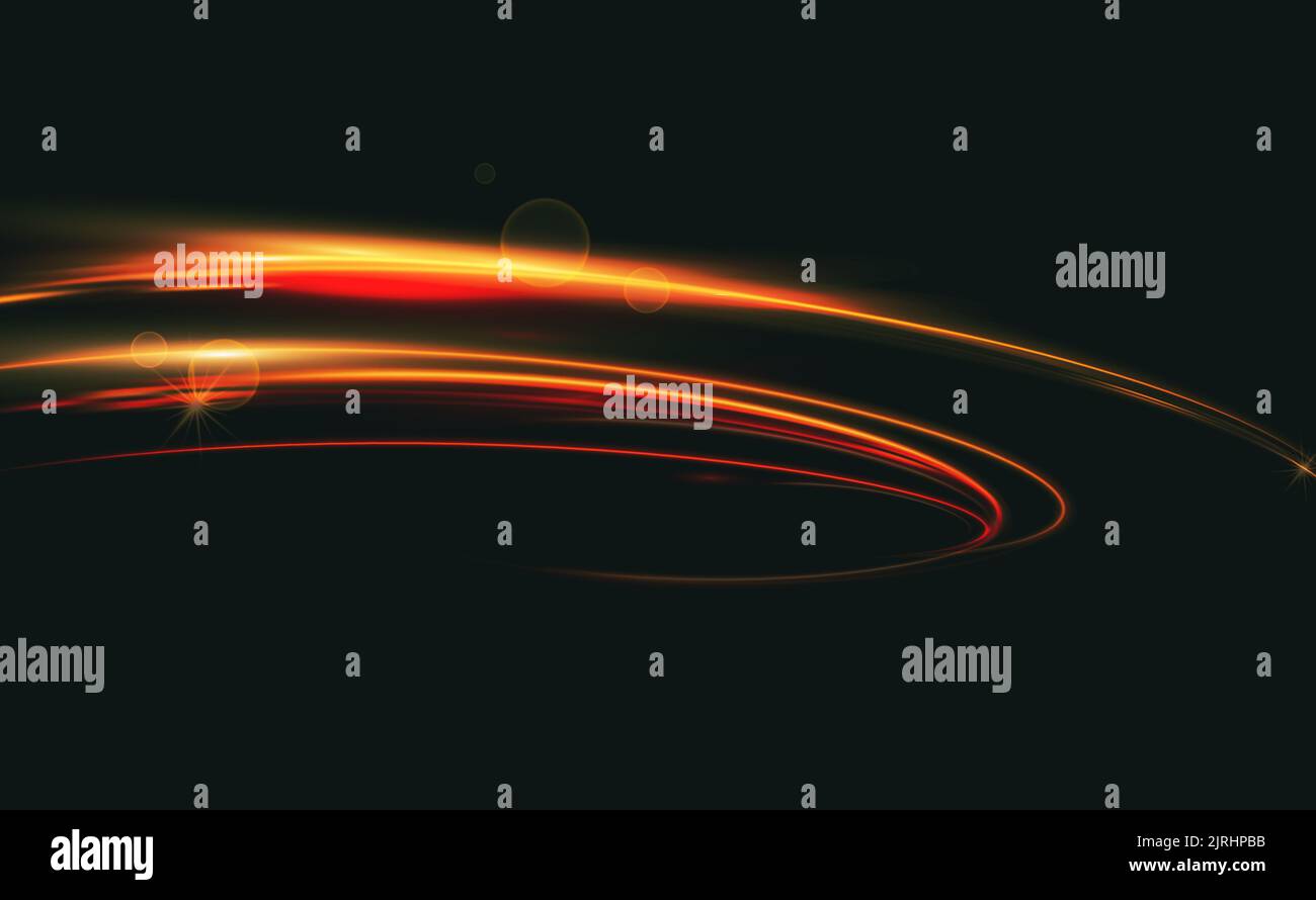 Vektordarstellung von dynamischen Lichtern in dunklem Hintergrund. Hohe Geschwindigkeit bei nächtlicher Abstraktion. Auto Licht Trails Bewegung ackground Stockfoto