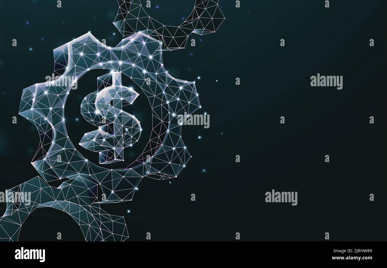 3D-Getriebe mit Geldzeichen aus Drahtmodellform. Technologie und Technik. Vektorgrafiken Stockfoto