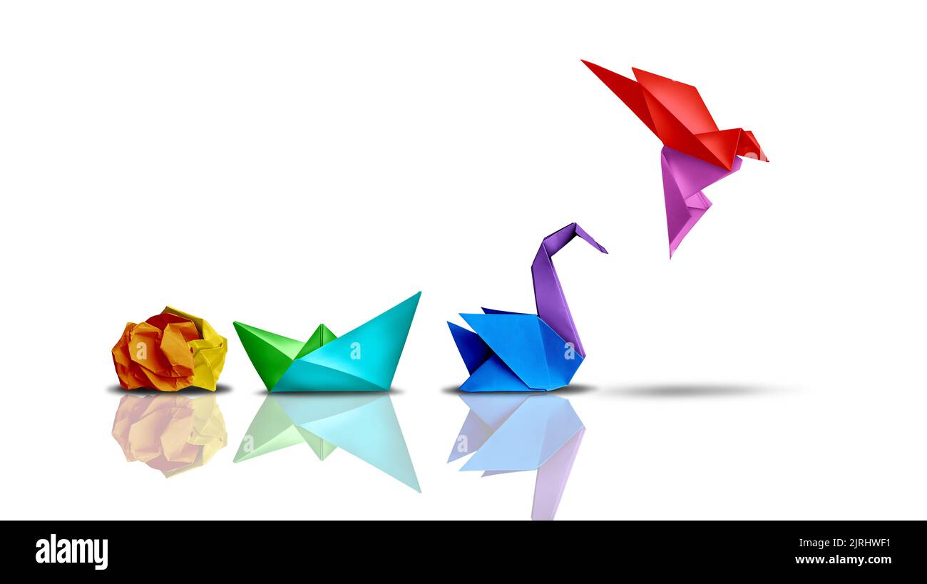 Erfolg Transformation und Transformation zum Erfolg oder Verbesserung Konzept und Führung in Unternehmen durch Innovation und Entwicklung mit Papier Origami. Stockfoto
