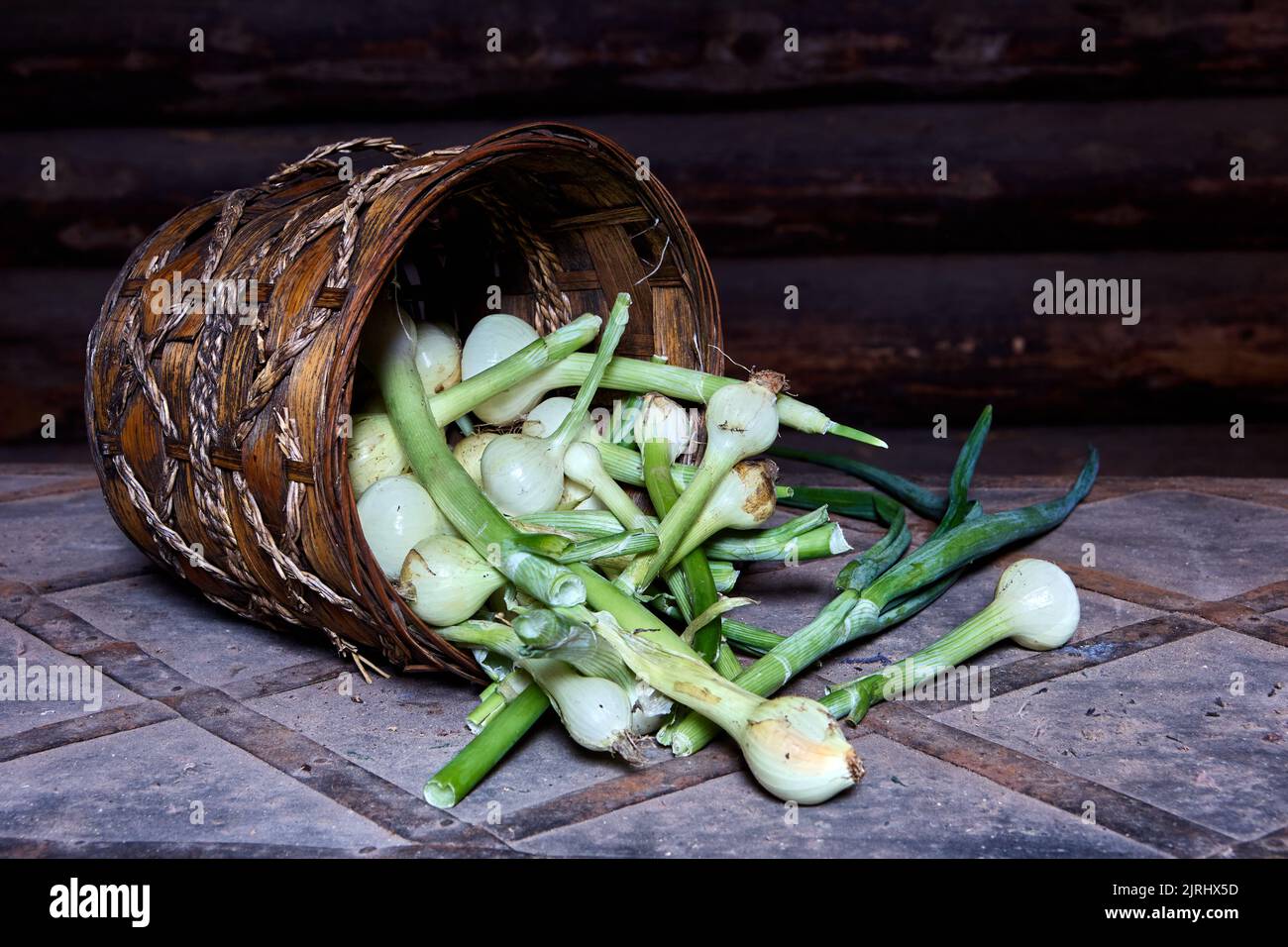 Aus dem Korbkorb wurden grüne Zwiebeln mit Zwiebeln gegossen. Stockfoto