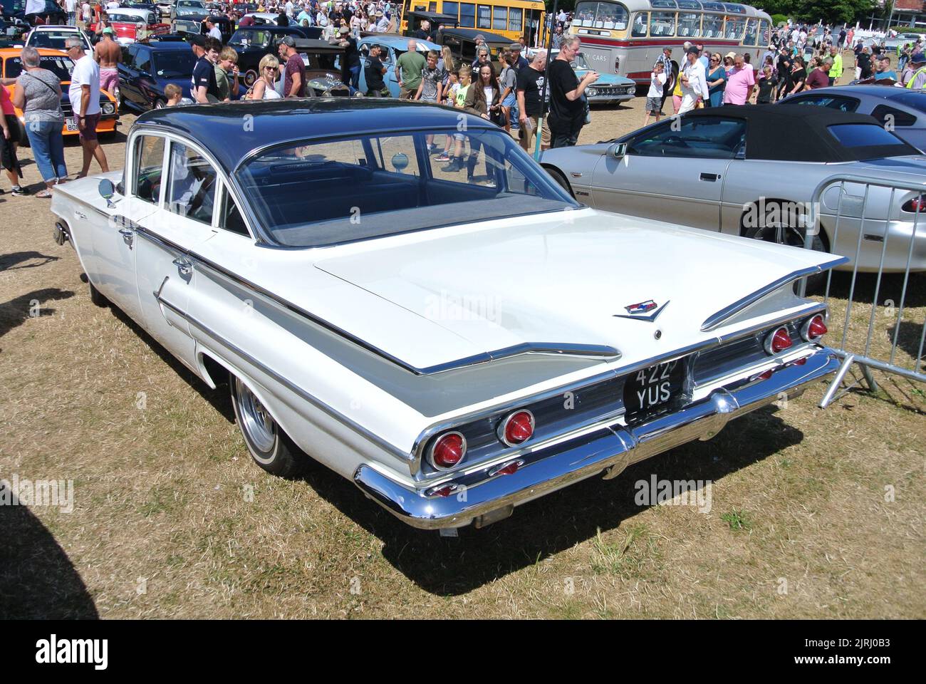 Ein Chevrolet Bel Air aus dem Jahr 1960 wurde auf der Oldtimer-Ausstellung an der englischen Riviera in Paignton, Devon, England, Großbritannien, ausgestellt. Stockfoto