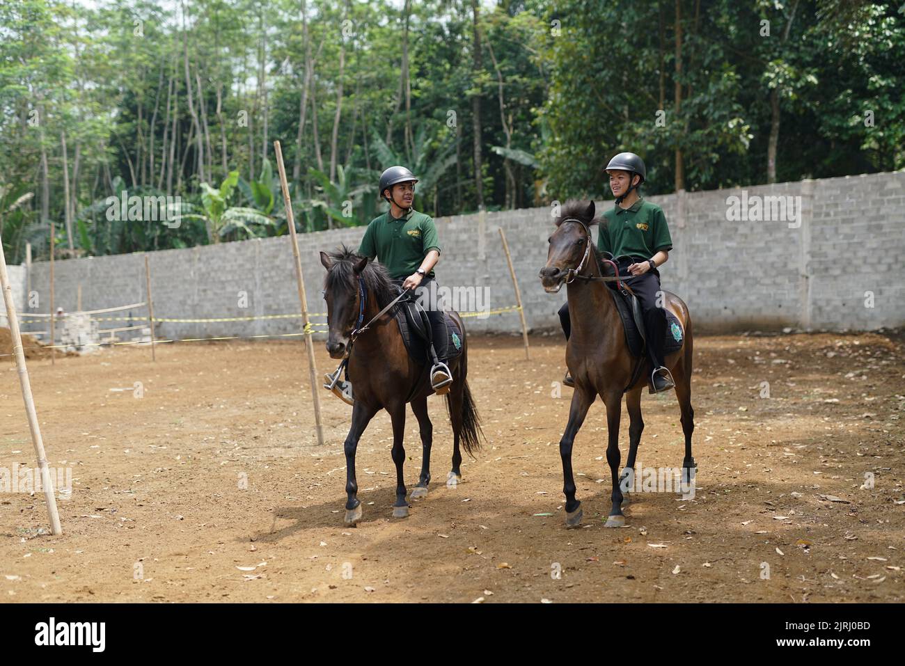 Zwei Jungen üben Reiten auf einem Pferd Stockfoto