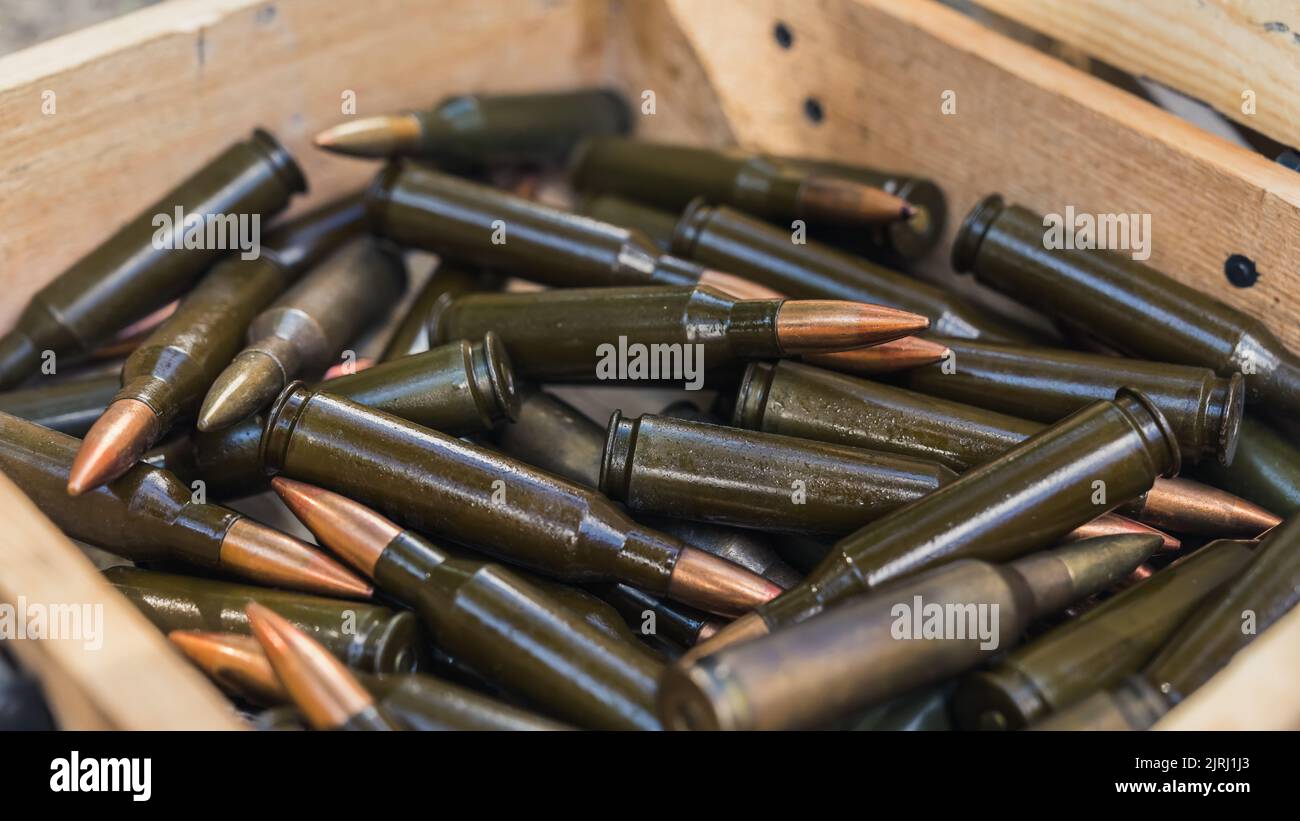 Zahlreiche schwarze Gewehrkugeln mit kupferfarbenen Enden in einer Holzkiste. Nahaufnahme. Militär. Konzept der Pistolenreihe. Hochwertige Fotos Stockfoto