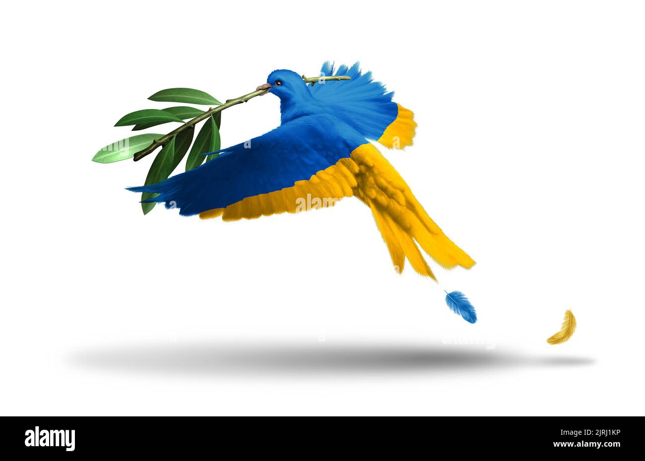 Symbol der ukrainischen Freiheit und der Frieden in der Ukraine als europäische Partnerschaft mit einer Taube in den Farben der Flagge mit einem Olivenzweig zum Ausdruck bringen. Stockfoto
