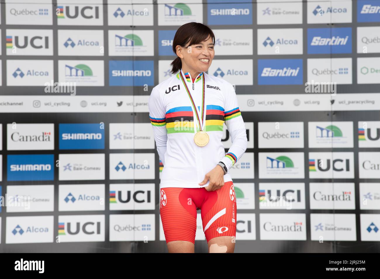 Keiko Sugiura aus Japan, Goldmedaillengewinnerin beim Straßenrennen der Frauen C3 bei den UCI-para-Cycling-Weltmeisterschaften 2022 in Baie Comeau, Quebec, Kanada Stockfoto