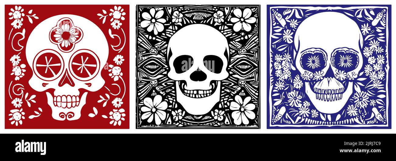 Totenköpfe mit Blumen Hintergrund Kollektion. Minimalistische Linienkunst Stock Vektor