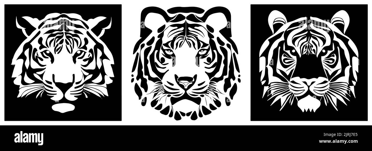 Bengal Tiger Face Hintergrund Kollektion. Minimalistische Linienkunst Stock Vektor