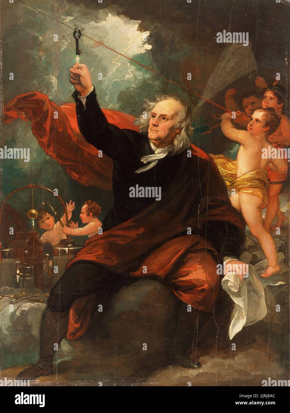 Benjamin Franklin Drawing Electricity from the Sky gemalt von Benjamin West. Das Gemälde zeigt Franklin, wie er seine Idee testet, dass der Blitz ein elektrisches Phänomen ist Stockfoto