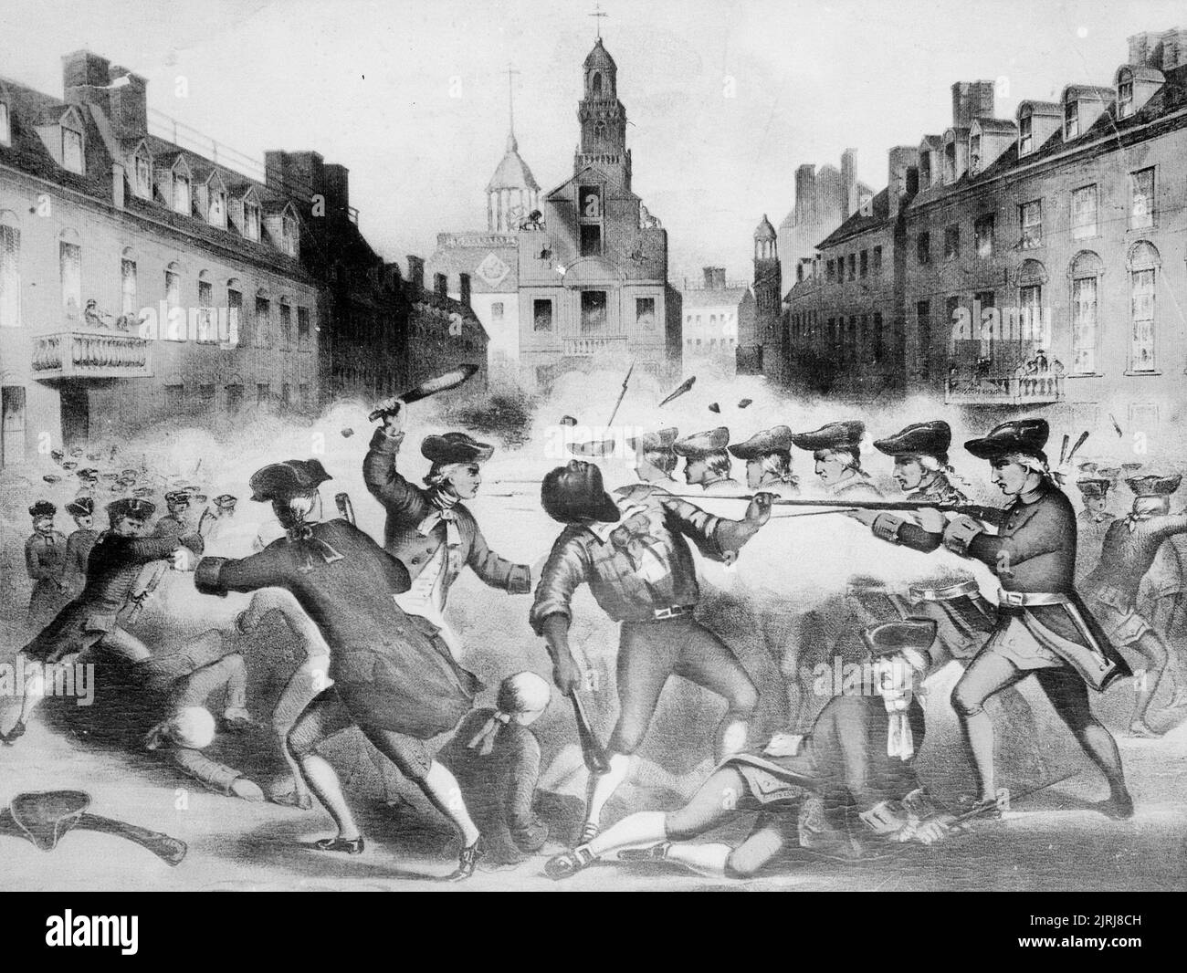 Das Massaker von Boston (in Großbritannien als Vorfall in der King Street bekannt) war eine Konfrontation in Boston am 5. März 1770, Bei der eine Gruppe von neun britischen Soldaten fünf Personen aus einer Gruppe von drei- oder vierhundert Personen schoss, die sie verbal missbündeten und verschiedene Raketen warfen Stockfoto