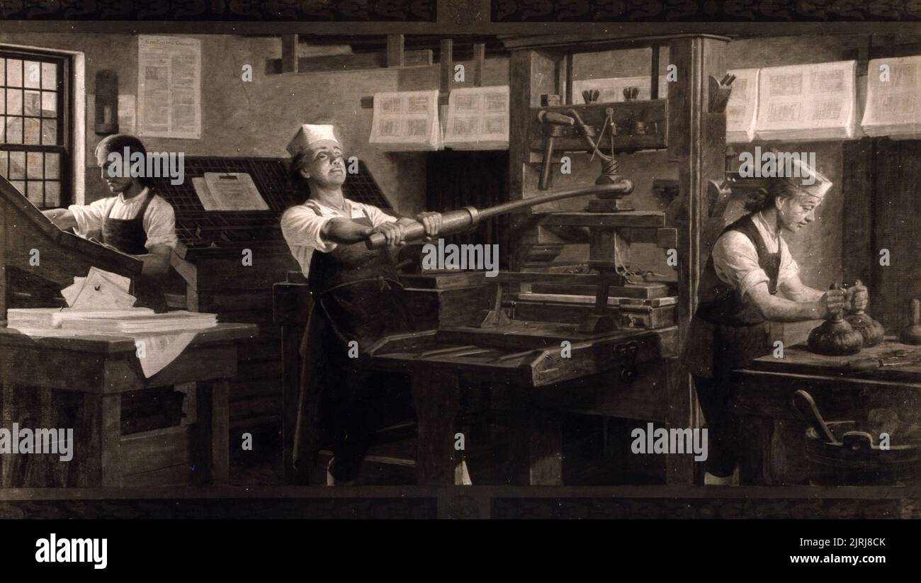 Benjamin Franklin (Mitte) bei der Arbeit an einer Druckmaschine. Dies ist eine Reproduktion eines Charles Mills-Gemäldes der Detroit Publishing Company. Stockfoto
