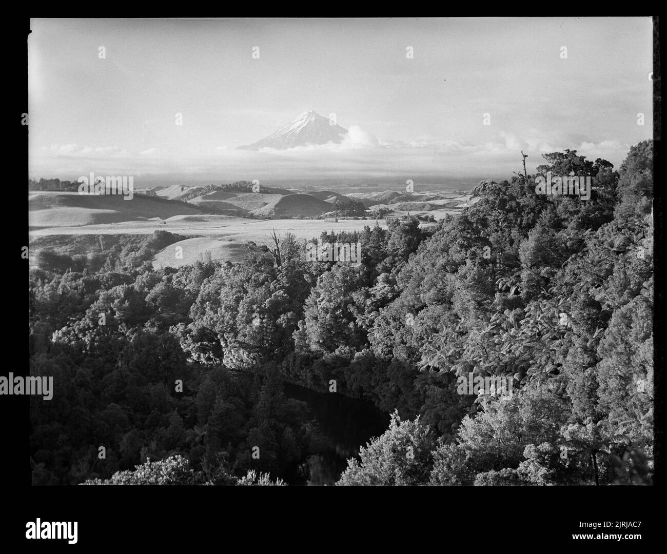 Mount Egmont von Awakino, 1940s, Taranaki, von J.W. Chapman-Taylor. Stockfoto