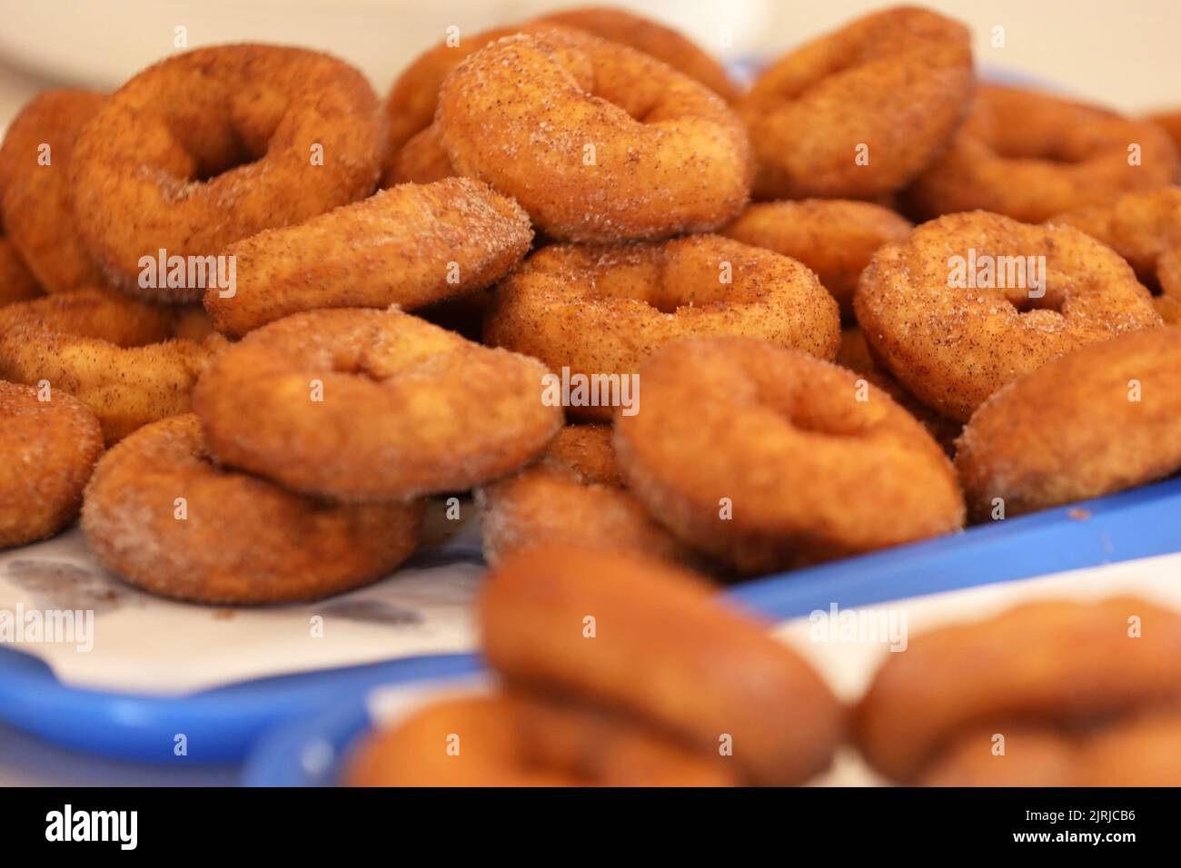 Eine Reihe von frischen, goldgebratenen Zimtzucker-Donuts oder Donuts, die auf einem blauen Blech und Backpapier gestapelt sind Stockfoto