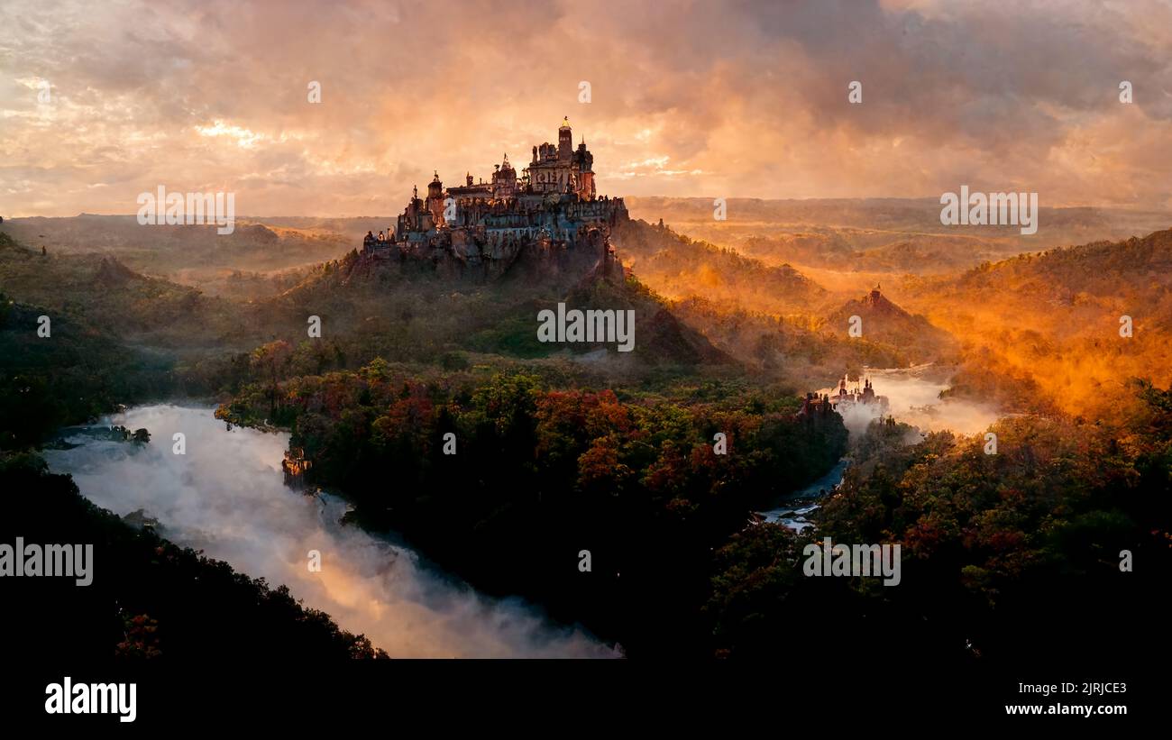 Das Schloss auf dem Hügel dominiert bei Sonnenaufgang die waldreiche Landschaft Stockfoto