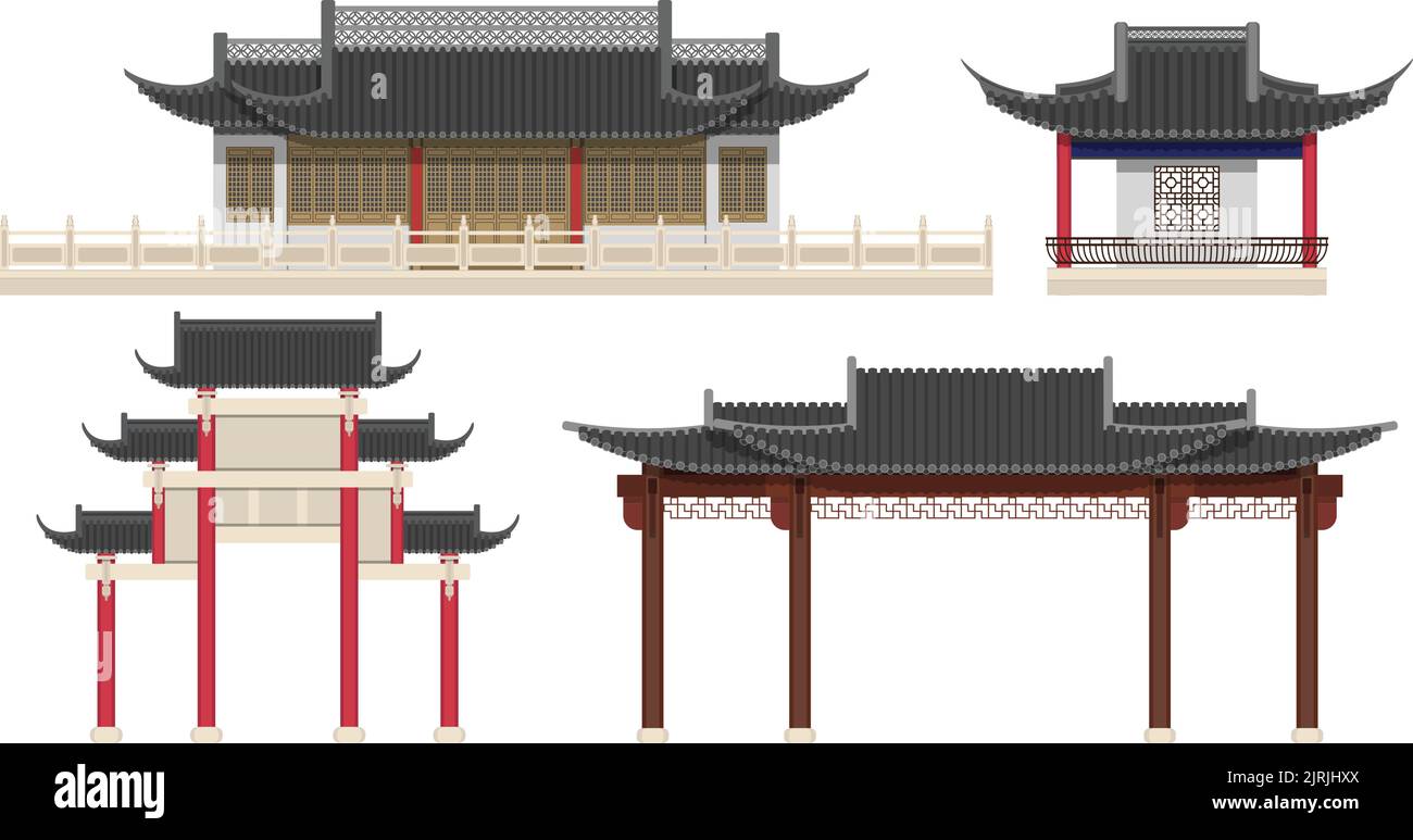 Mehrschichtige editierbare Vektorgrafik Sammlung von traditionellen chinesischen Gebäuden, einschließlich Häuser, Pavillons, Torbögen. Stock Vektor